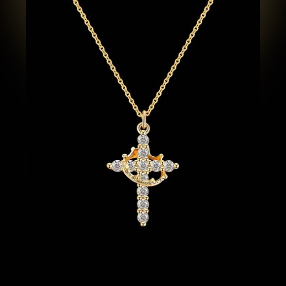Jewelry - Gold Crown and Rhinestone Cross Necklace